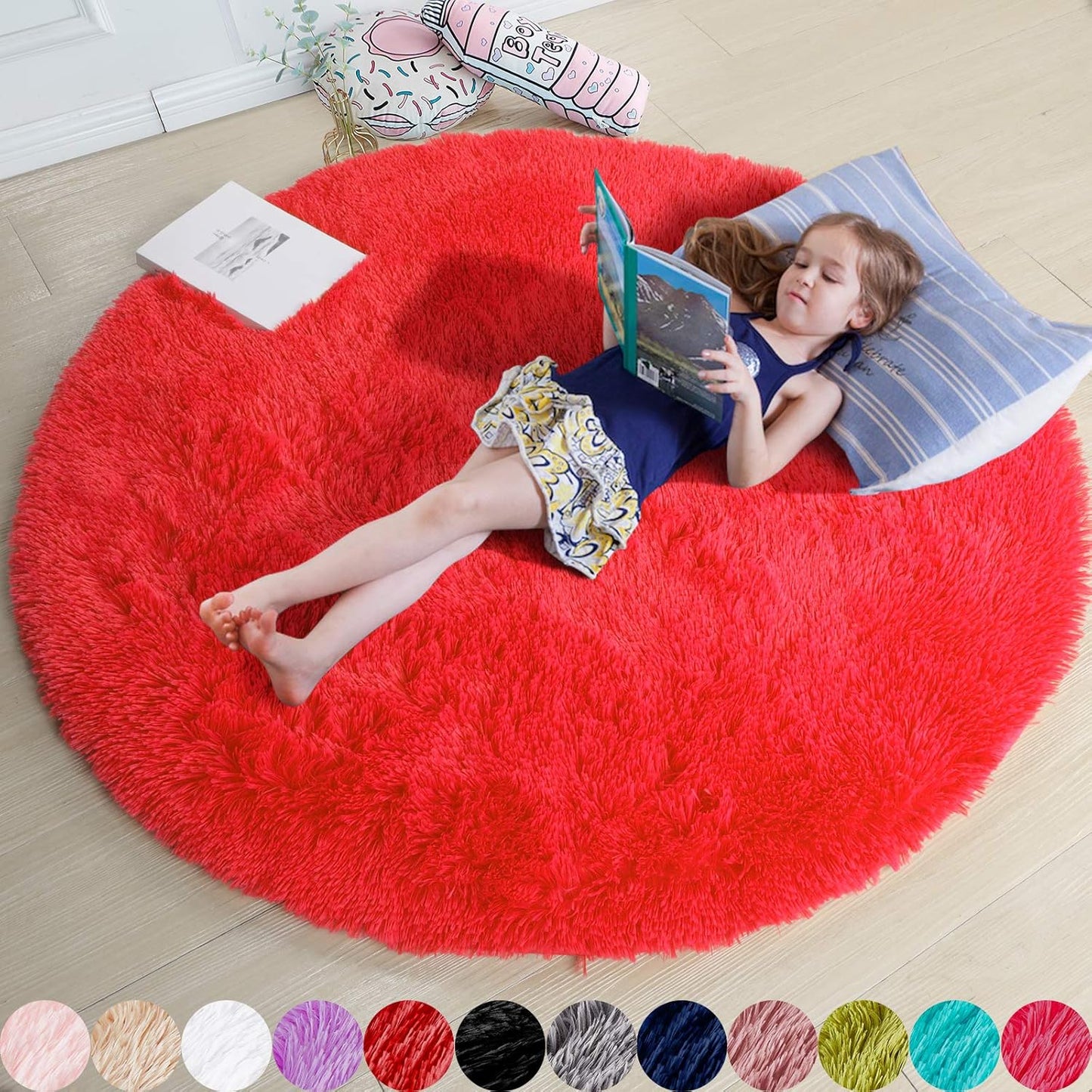 Fluffy Red Round Rug 5Ft for Boys Bedroom and Kids Room Decor