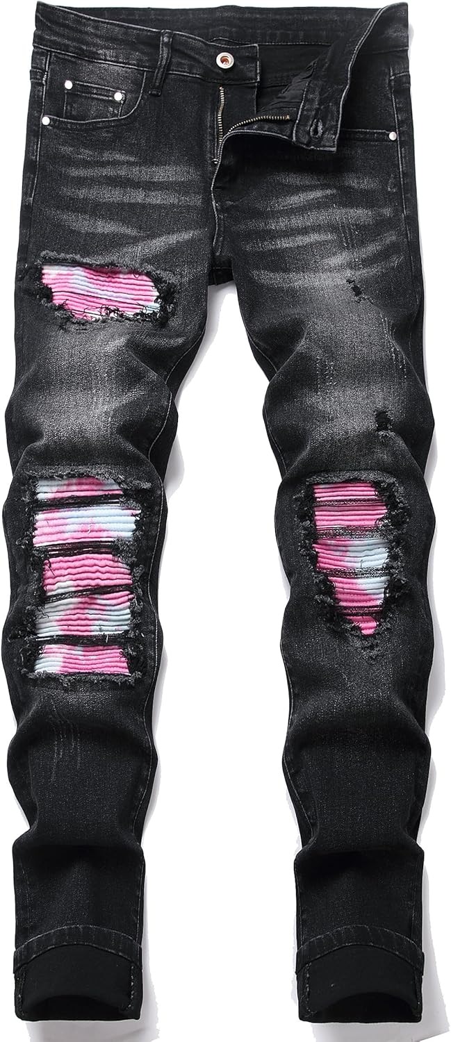 Men's Ripped Patch Elastic Jeans for Fashionable Slim Fit Style