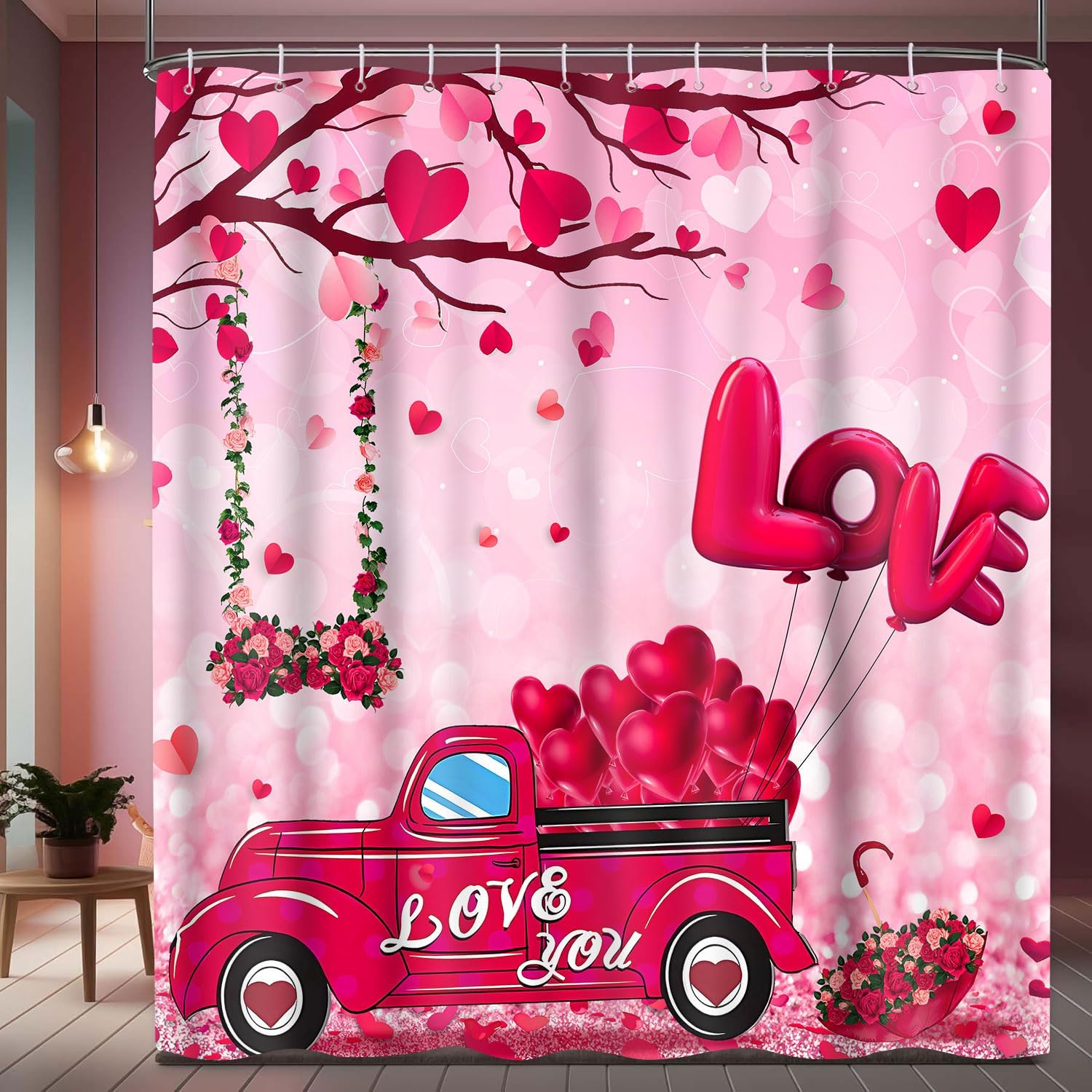 Romantic Red Heart Shower Curtain Set