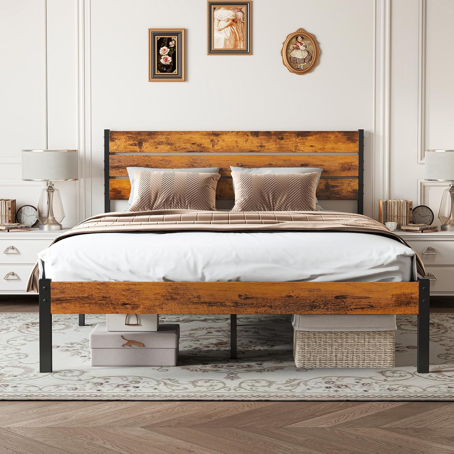 Sweetcrispy Queen Size Bed Frame with Headboard for Comfort