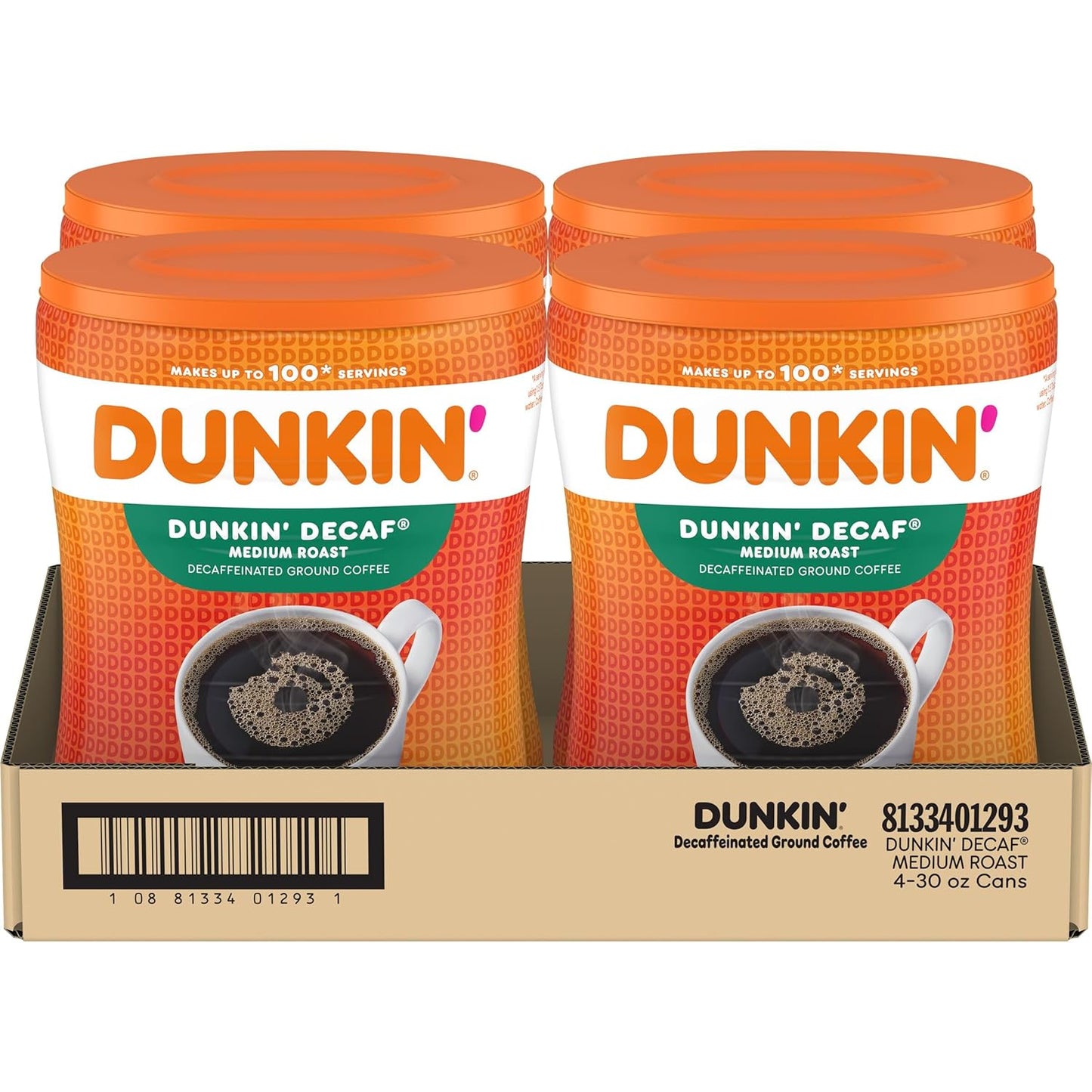 Dunkin' Decaf Medium Roast Ground Coffee, 30 Ounce Canisters