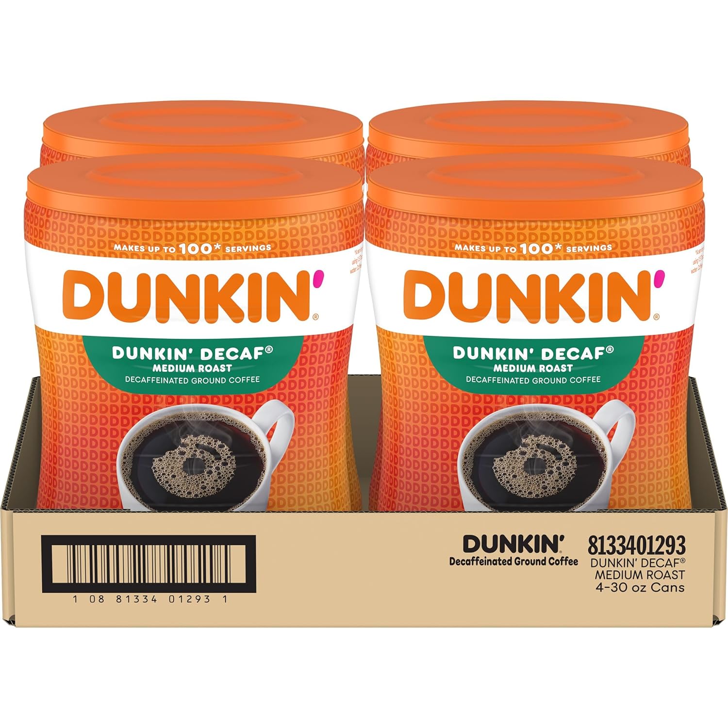 Dunkin' Decaf Medium Roast Ground Coffee, 30 Ounce Canisters