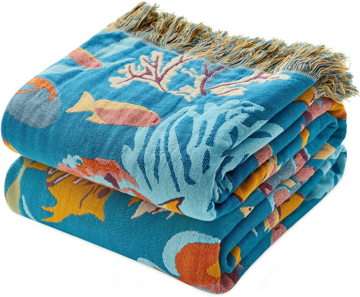 Throw Blanket for Bed 100% Cotton Cozy Underwater Design