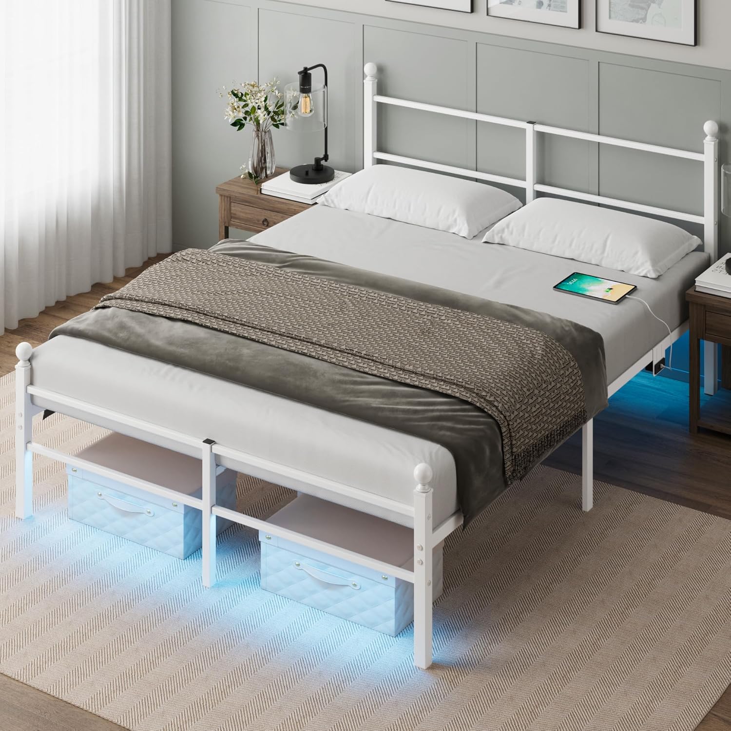Full Size Bed Frame with LED Lights and Charging Station
