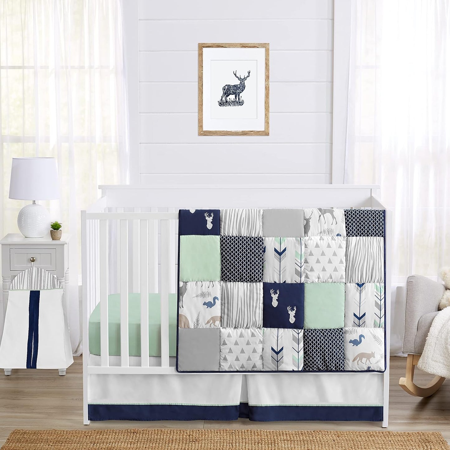 Navy Blue Mint Grey Woodsy Deer Boys Baby Bedding Crib Set