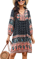 Bluetime Women Casual Summer Dress Boho V Neck Floral Print