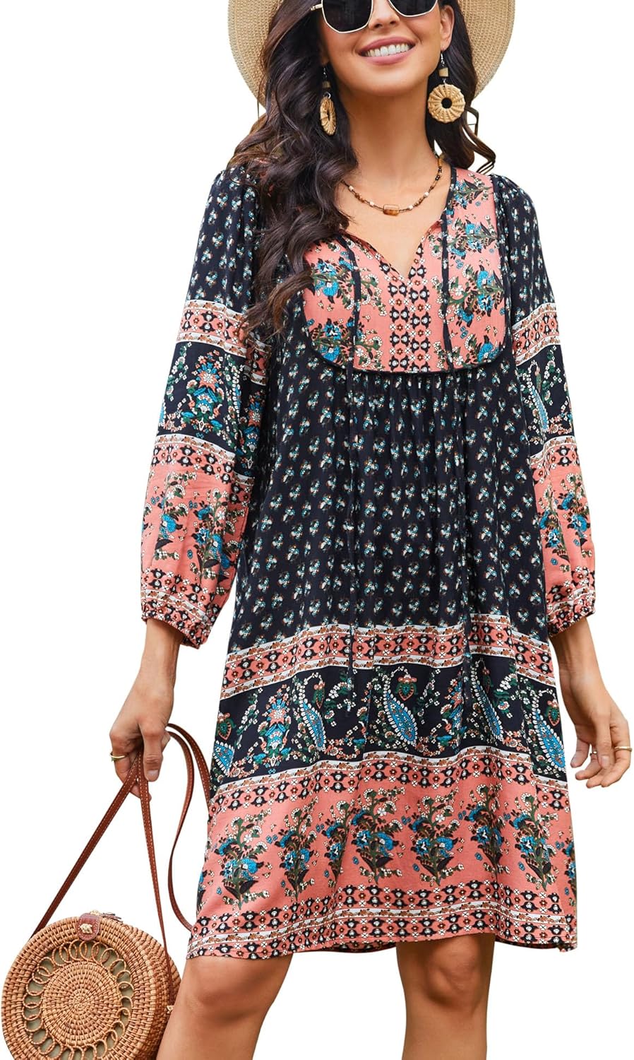 Bluetime Women Casual Summer Dress Boho V Neck Floral Print