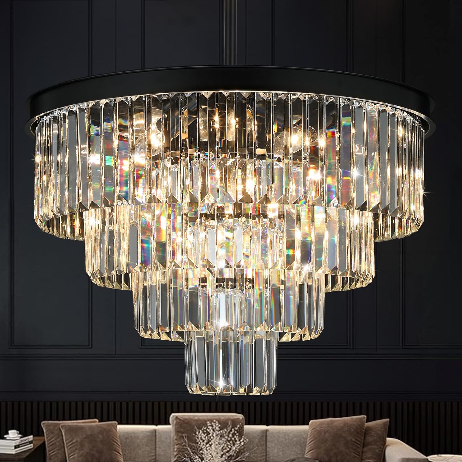 Elegant 15-Light Black Crystal Chandeliers for Dining Room