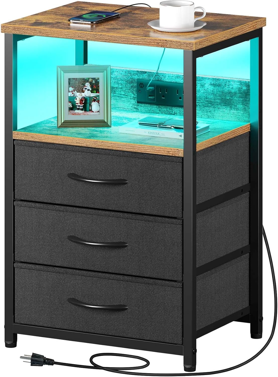 Seventable Nightstand with Charging Station and LED Light Features