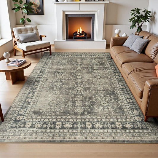Vintage Brown Distressed Floral Area Rug for Living Room