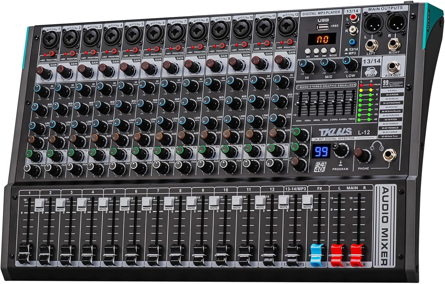 Professional 12 Channel Audio Mixer Board with Bluetooth and DSP