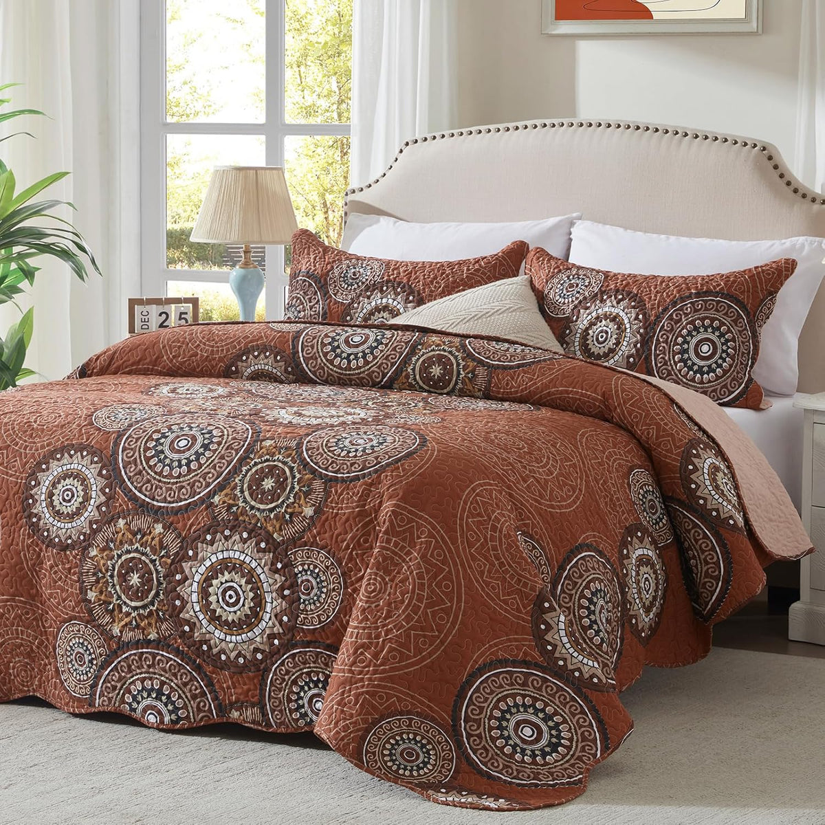 LEAONME 3-Piece Full Queen Size Burnt Orange Quilt Set