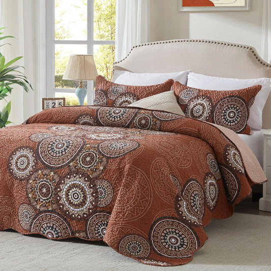 LEAONME 3-Piece Full Queen Size Burnt Orange Quilt Set