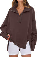 Oversized Button Up Henley Sweatshirt - Casual High Low Split Women's