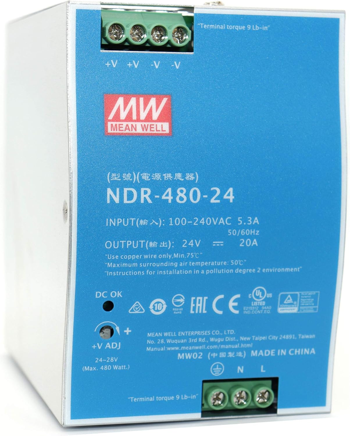 Mean Well NDR-480-24 480W 20A 24VDC Power Supply for DIN Rail