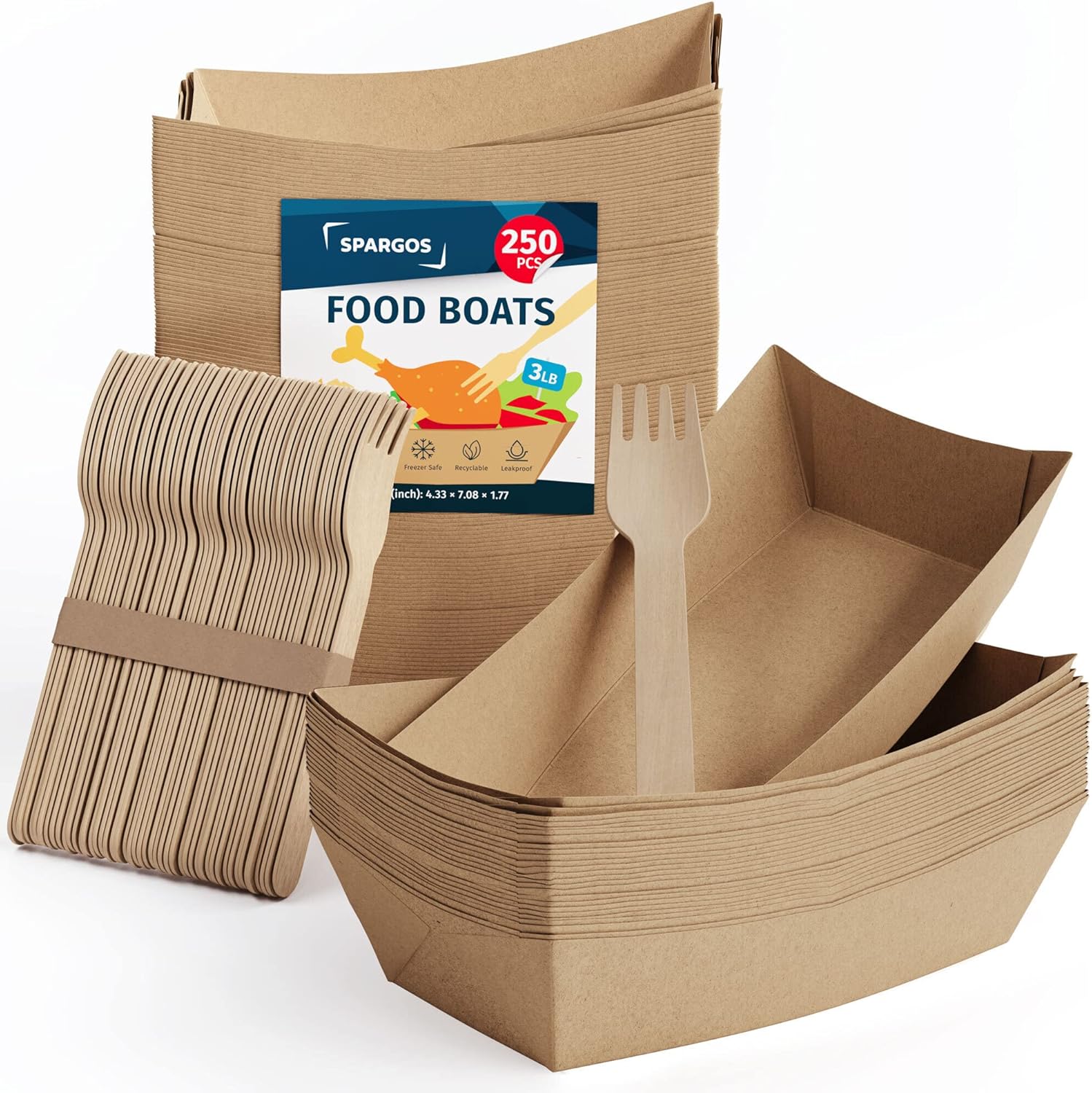 Food Boats 250 Pack - Leakproof Brown Paper Food Trays