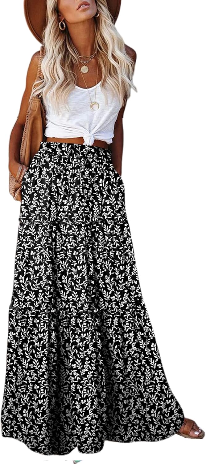 EARKOHA Womens Casual High Waist Tie Maxi Skirt with Pockets