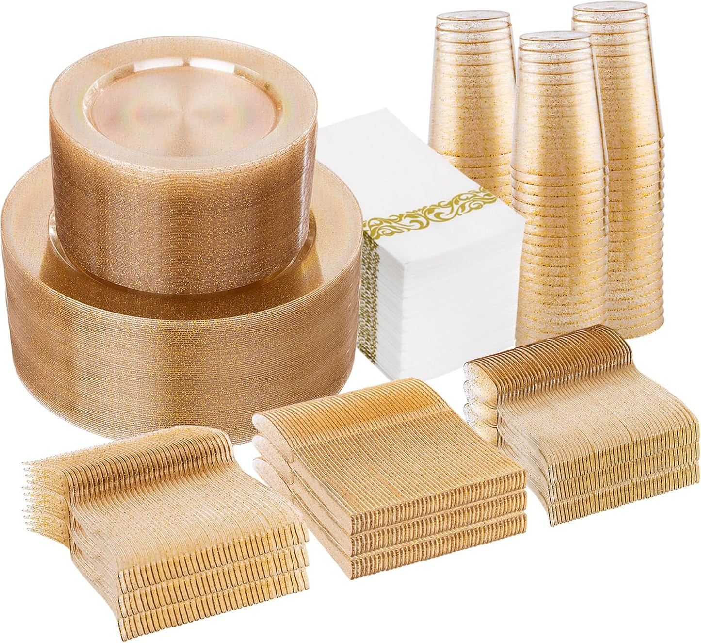 700 Pcs Gold Glitter Plastic Dinnerware Sets for Parties