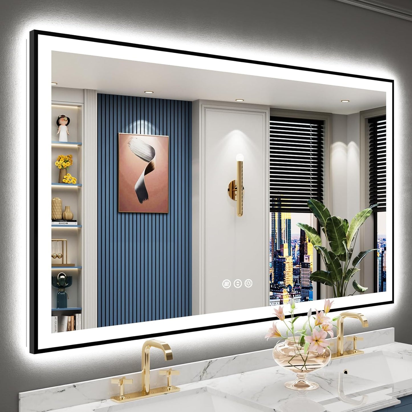 60x36 Black Framed LED Bathroom Mirror with Anti-Fog Feature