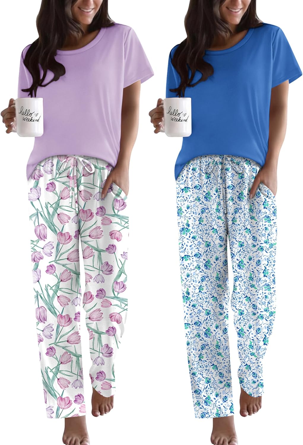 Ekouaer 2 Pack Pajamas for Women Set Soft Printed Sleepwear