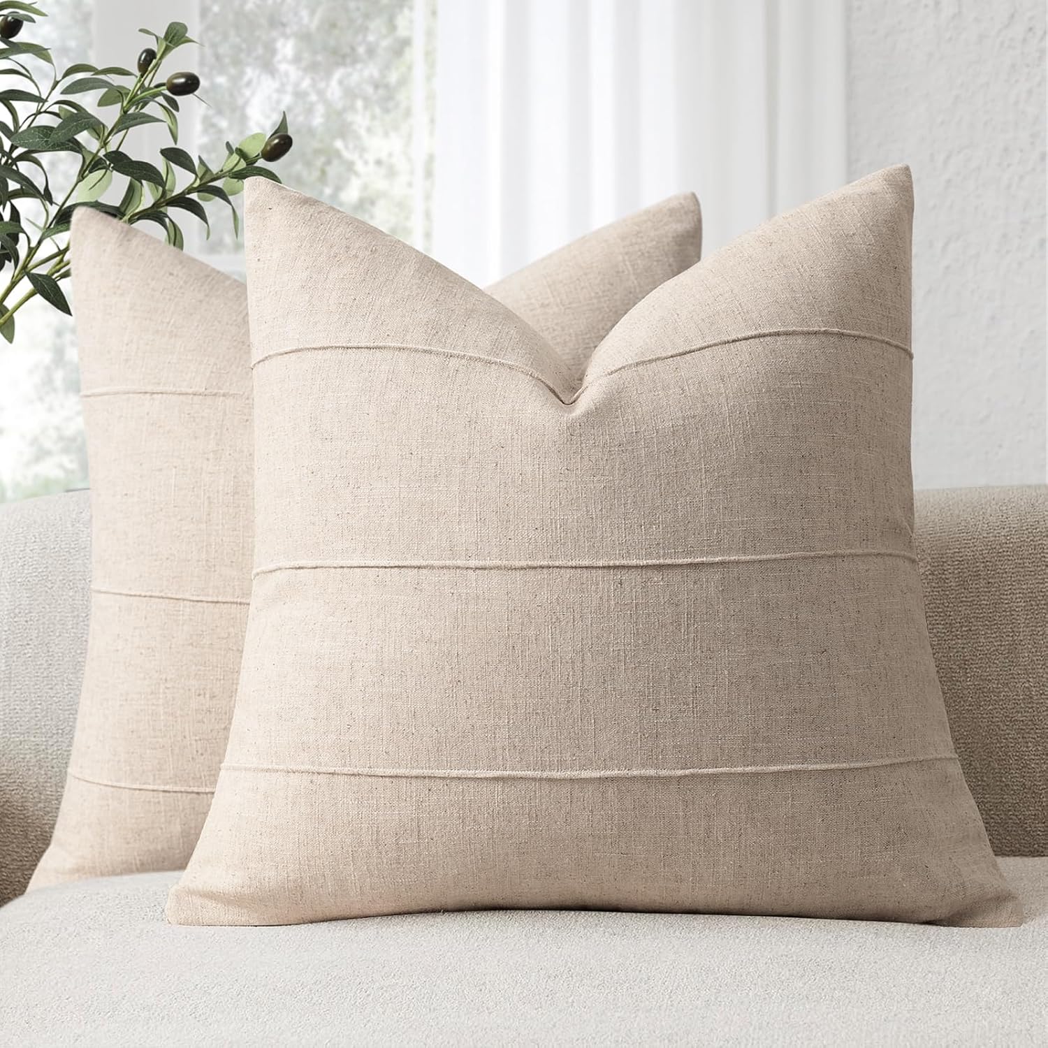 Decorative Linen Throw Pillow Covers 26x26 Set of 2 for Home