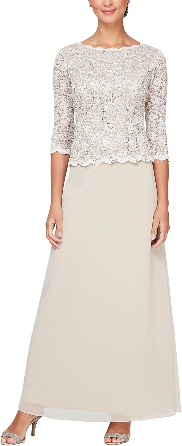 Elegant 3/4 Sleeve Stretch Lace Bodice Mock One Piece Gown
