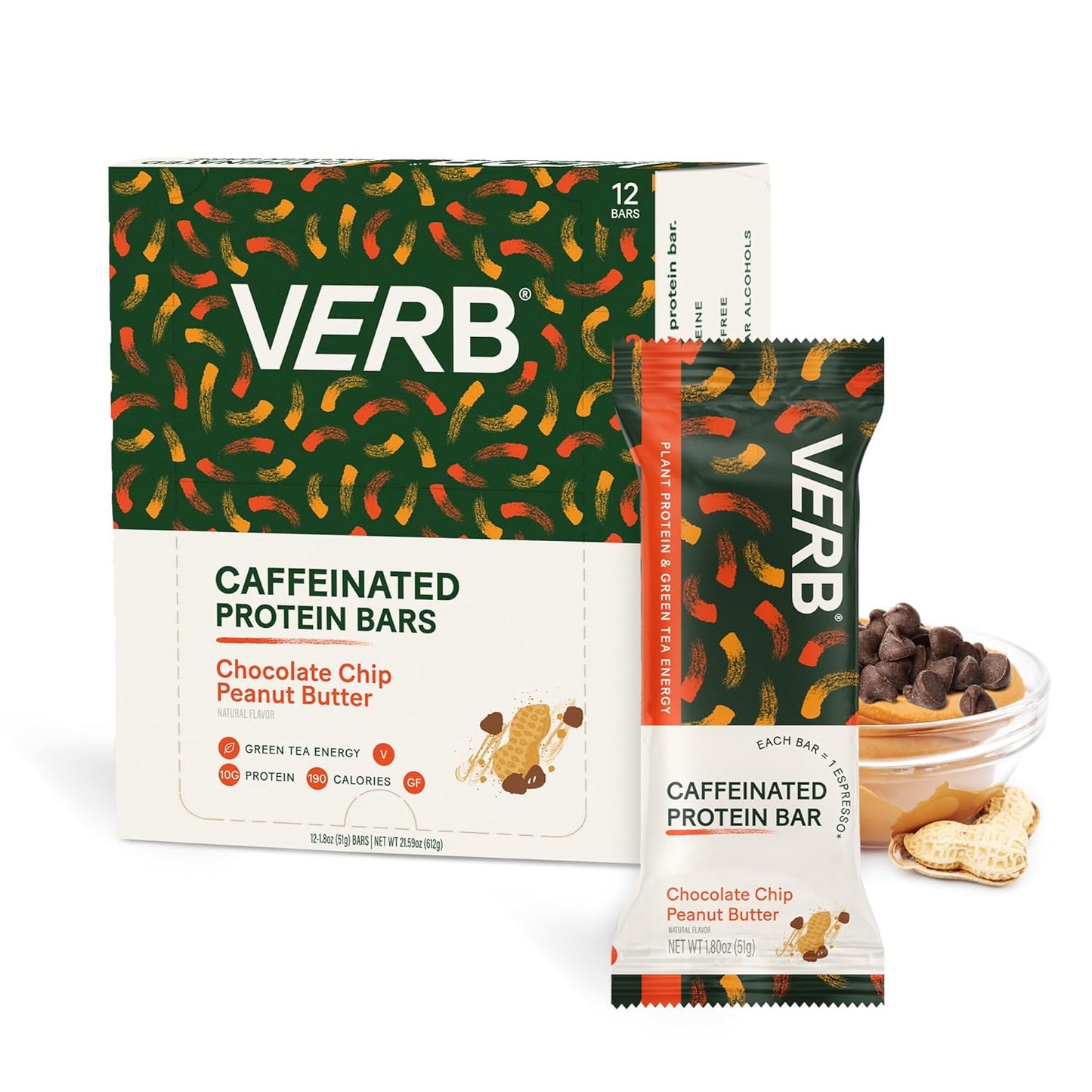 Verb Energy Caffeinated Protein Bars Chocolate Chip Peanut Butter