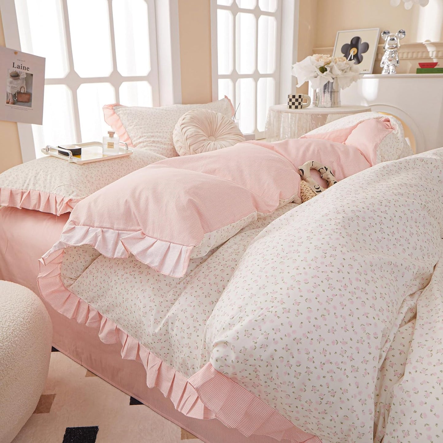 VM VOUGEMARKET Pink Ruffle Duvet Cover Set for Twin Beds