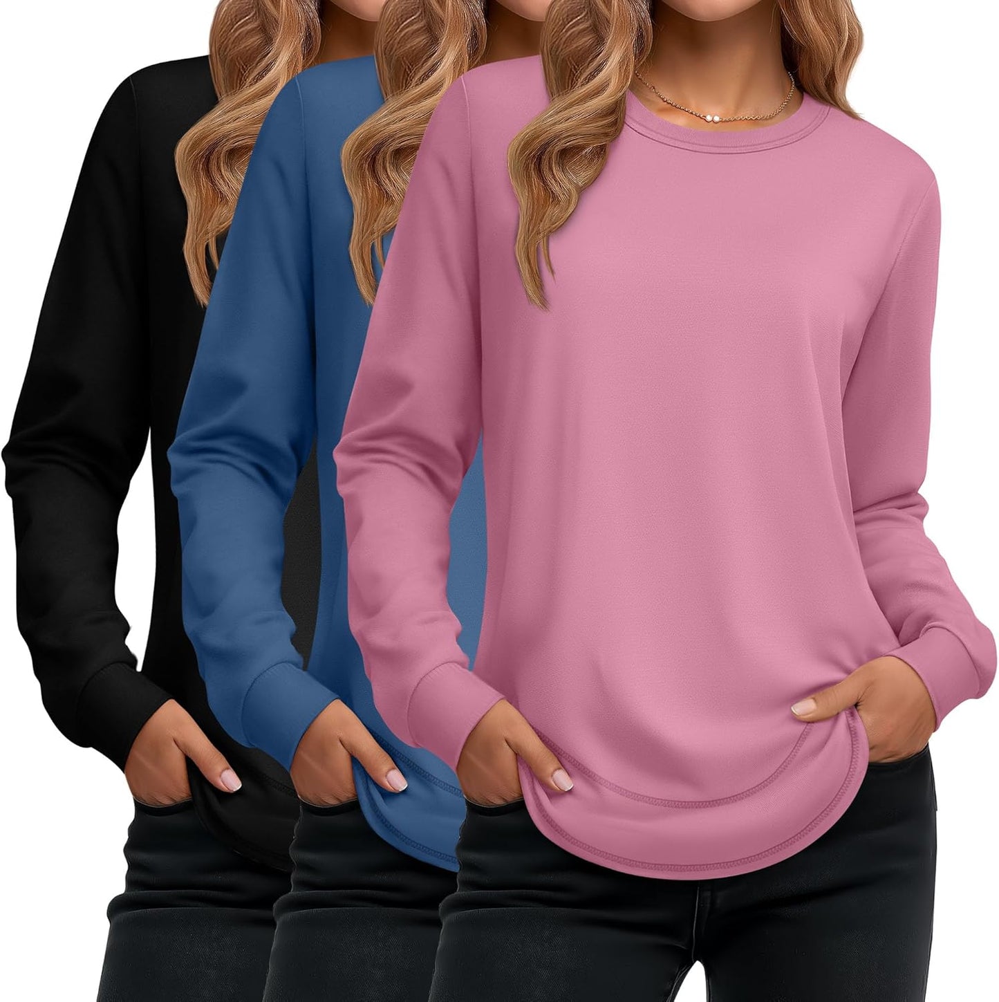 Ficerd Women's Long Sleeve Shirts 3 Pack Casual Tunic Tops