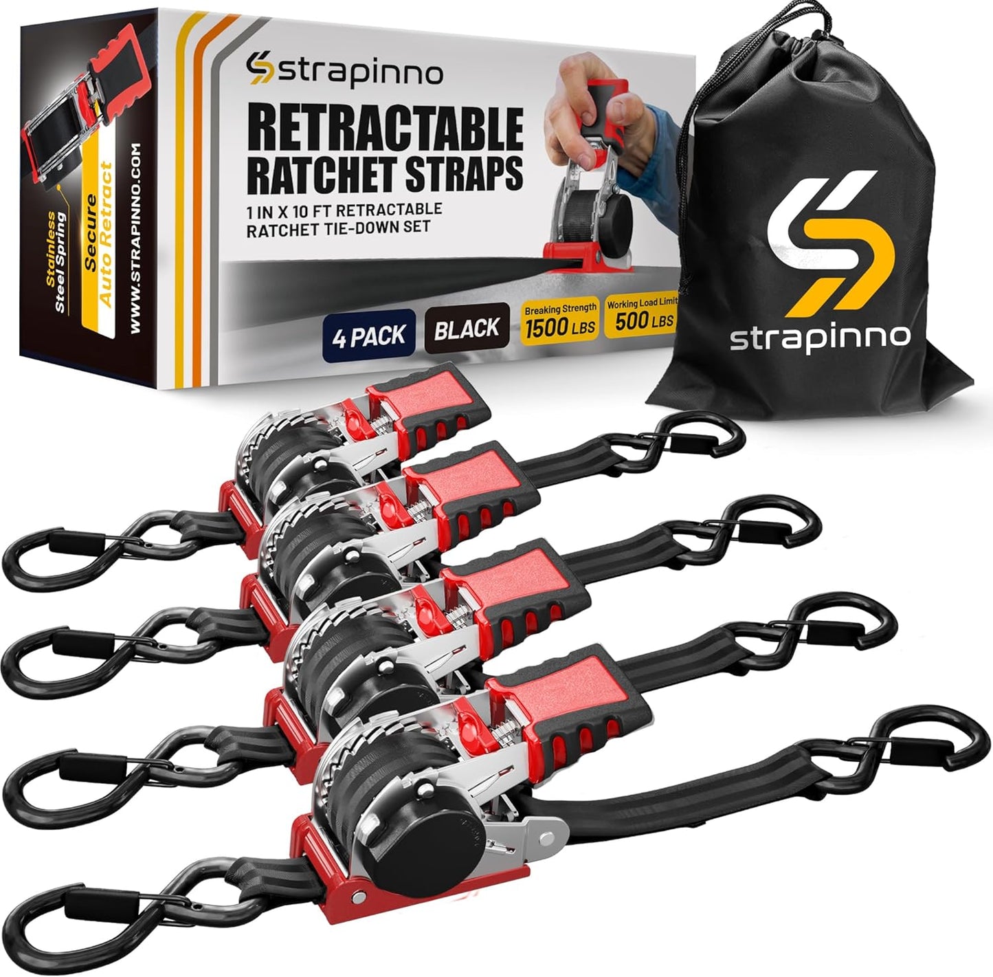 Strapinno Retractable Ratchet Straps 1 in x 10 ft for Secure Tie-Downs