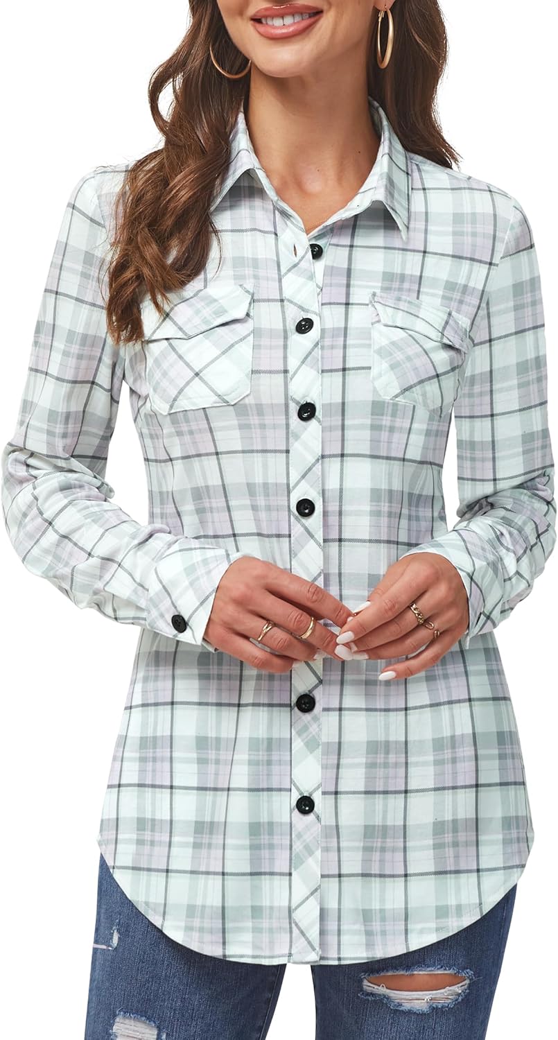 DJT Womens Soft Stretchy Knit Plaid Shirts for Every Occasion