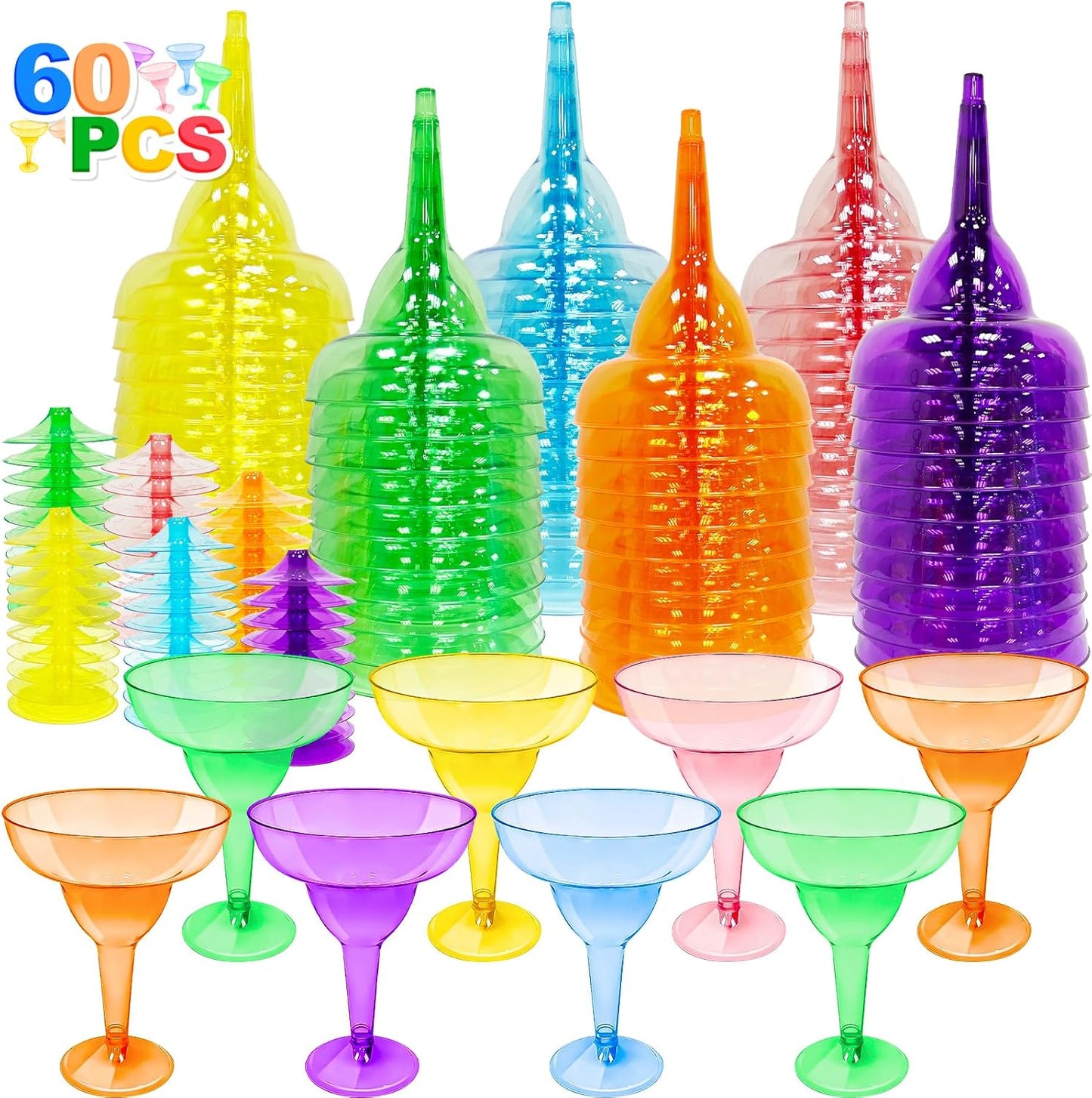 60 Pack Multicolor Plastic Margarita Glasses for Parties