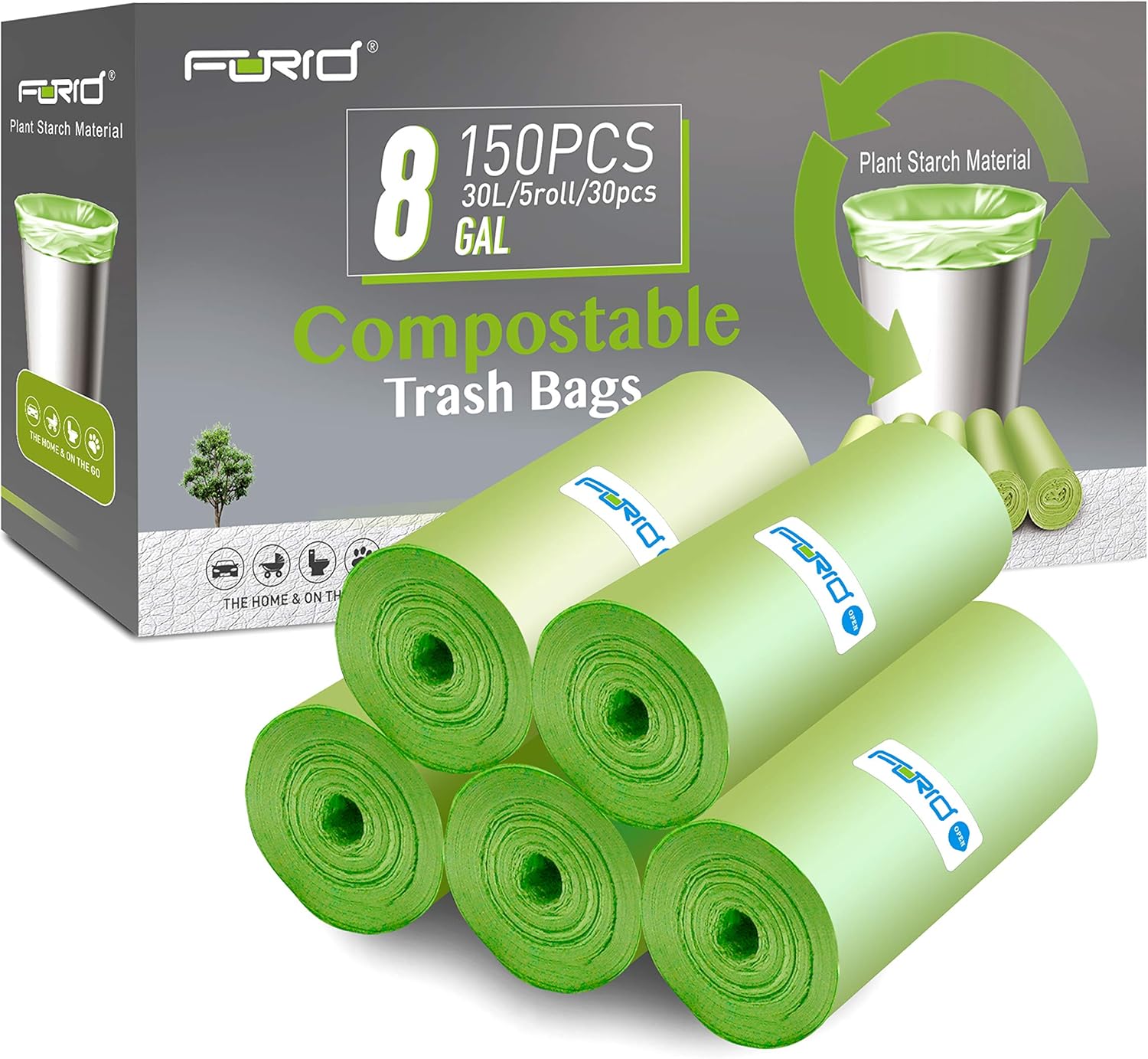 FORID Compostable 8 Gallon Trash Bags - 150 Count - Durable & Thick