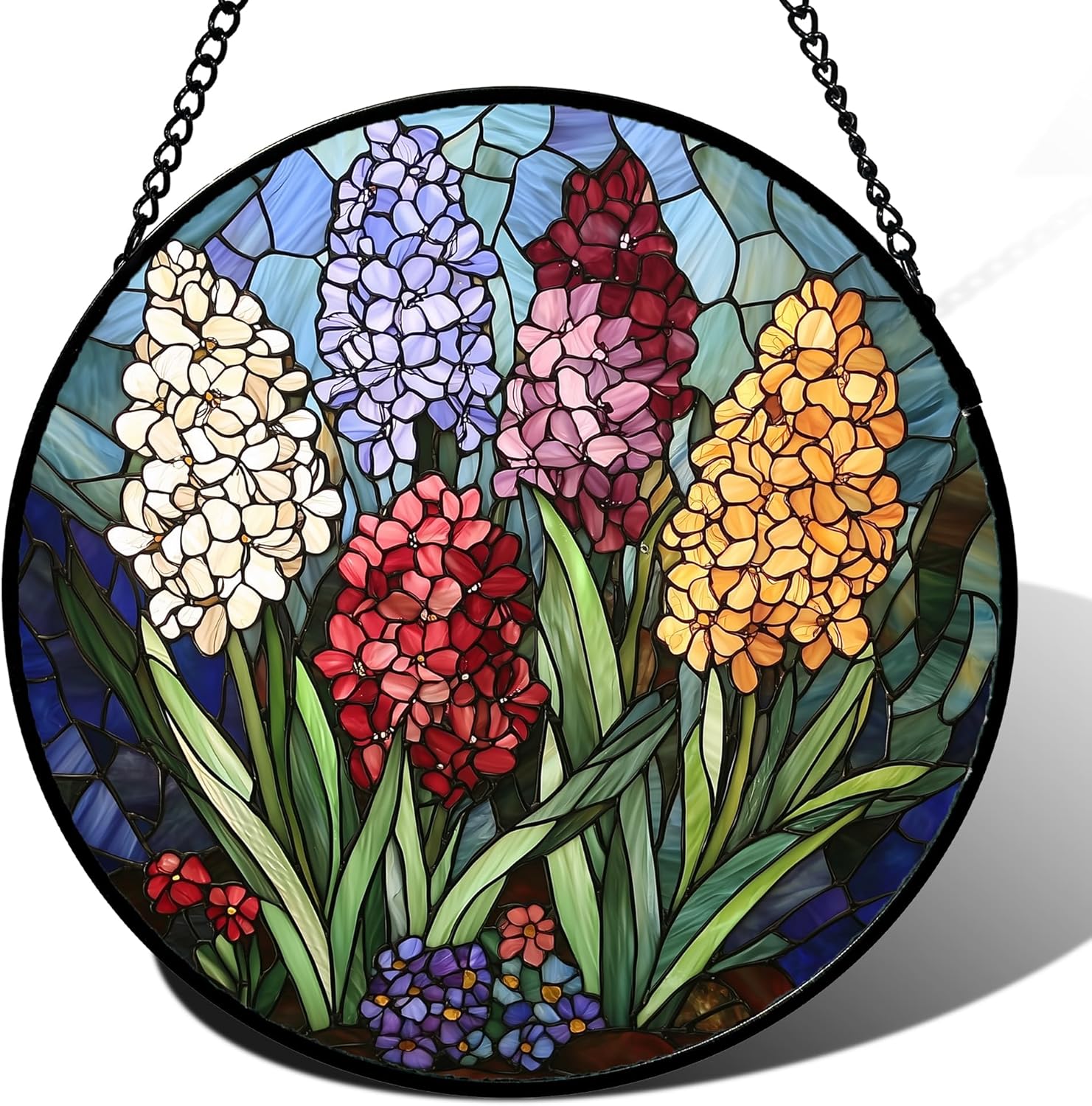 Stained Glass Window Hanging with Colorful Hyacinth Flowers