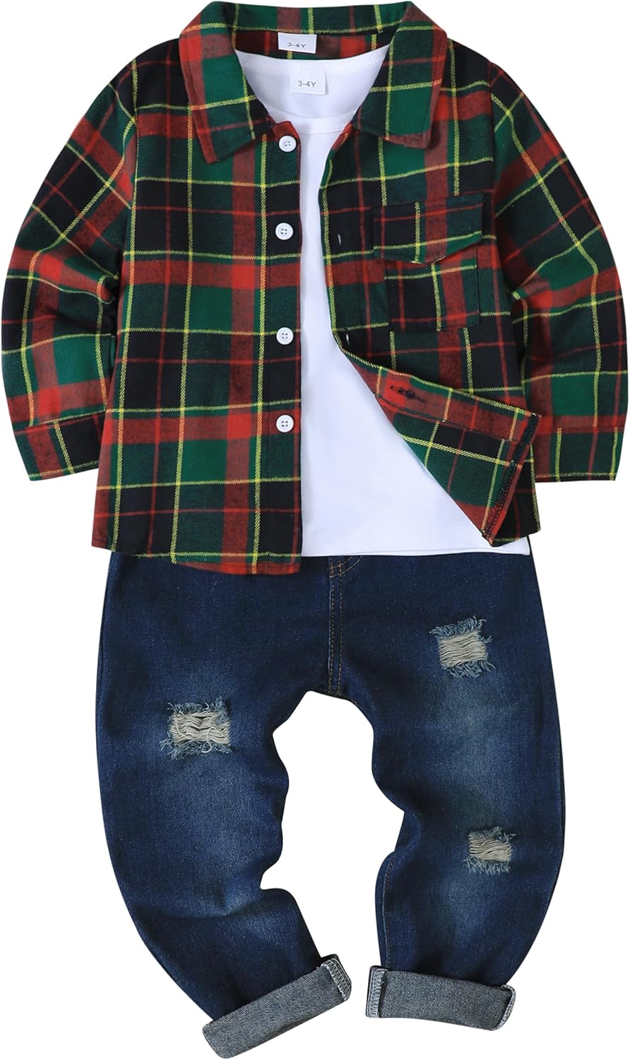Renotemy Toddler Boy Clothes 3-Piece Flannel & Ripped Jeans