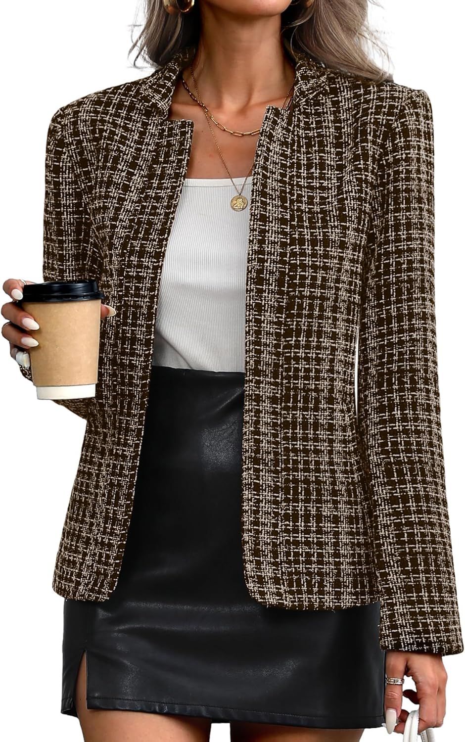 ELLEVEN Womens' Tweed Blazer Long Sleeve Jacket for Work