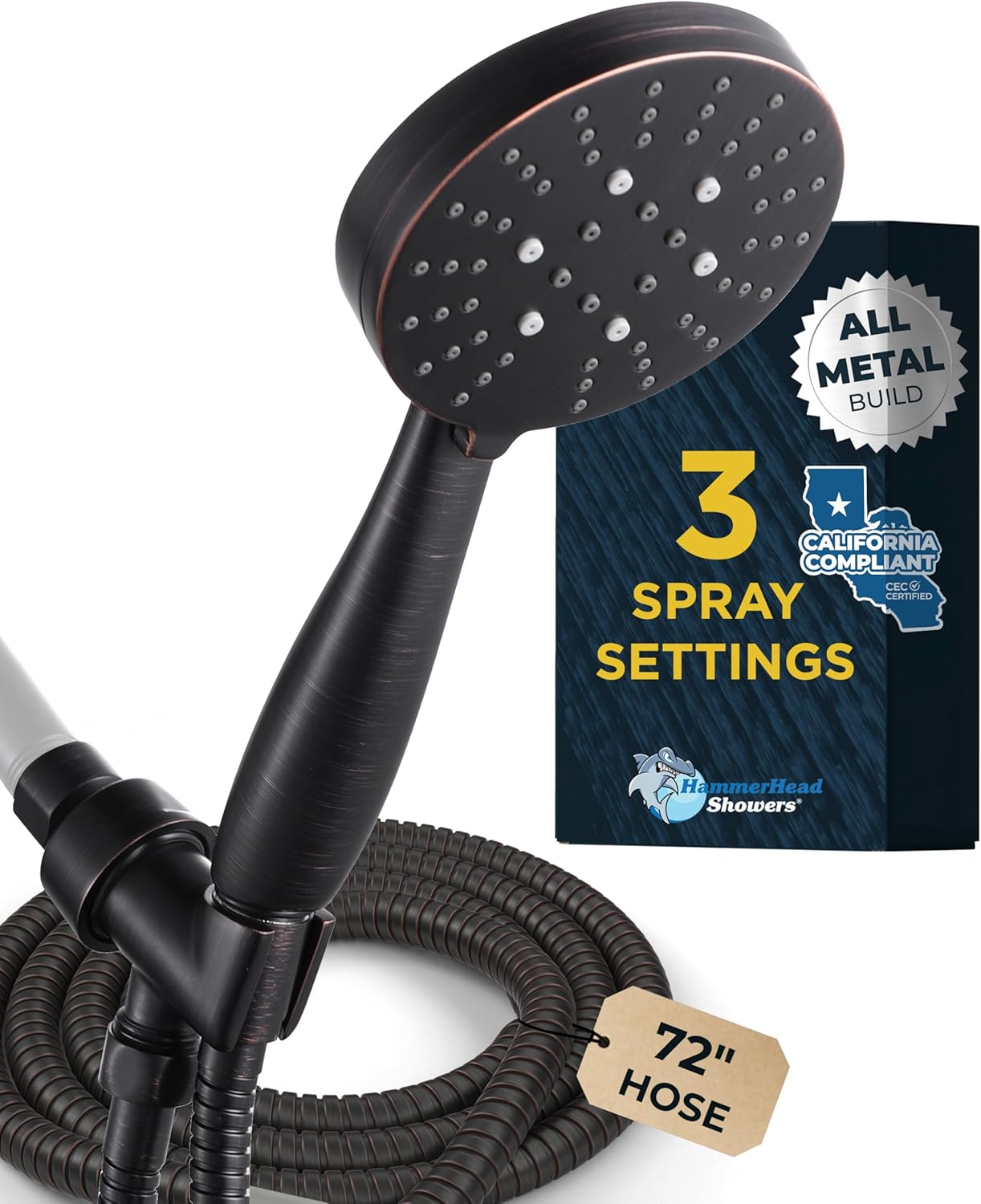 Solid Metal 3-Spray Handheld Shower Head with Long Hose
