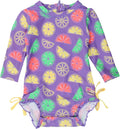 RuffleButts Baby Girls Long Sleeve Rash Guard Swimsuit with Zipper