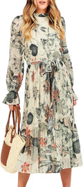 ANRABESS Floral Chiffon Midi Dress with Puff Sleeves - Elegant Fall