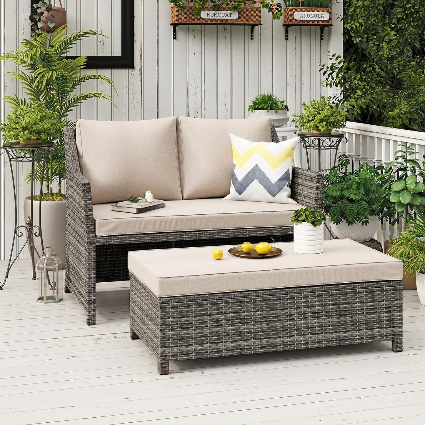 Outdoor Patio Furniture Wicker Love-seat and Coffee Table Set