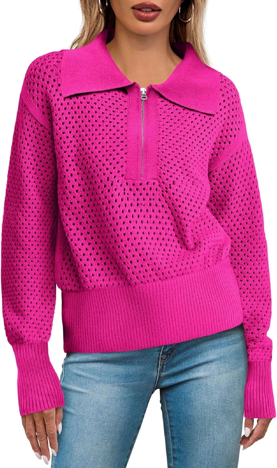 Women's Half Zip Pullover Sweater with Crochet Lapel Collar