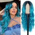 Long Ombre Bluish Green Wavy Wig 26in Middle Part Lace - Natural Look
