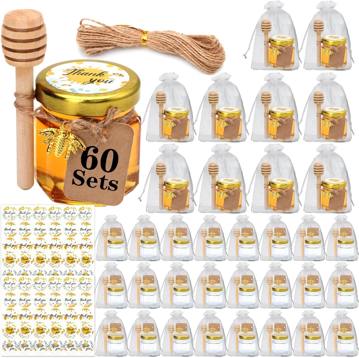 60 Pack Mini Honey Jars for Baby Showers and Weddings