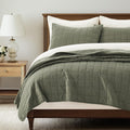 100% Cotton Box Stitch Quilt Set King Size Olive Green