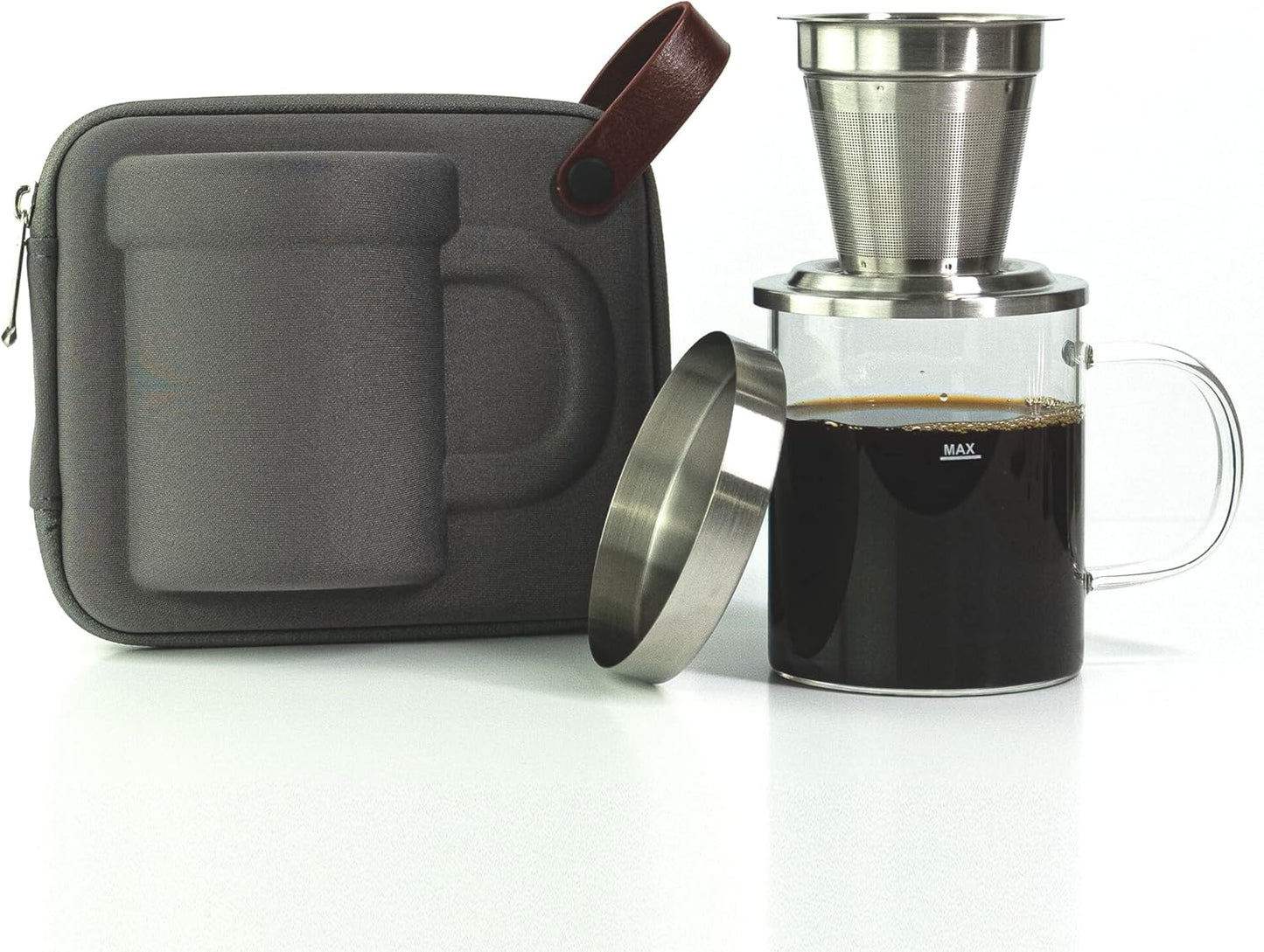 Portable Glass Pour Over Coffee Maker Set | Stainless Steel Filter | BPA-Free Glass Mug | Paperless Dripper