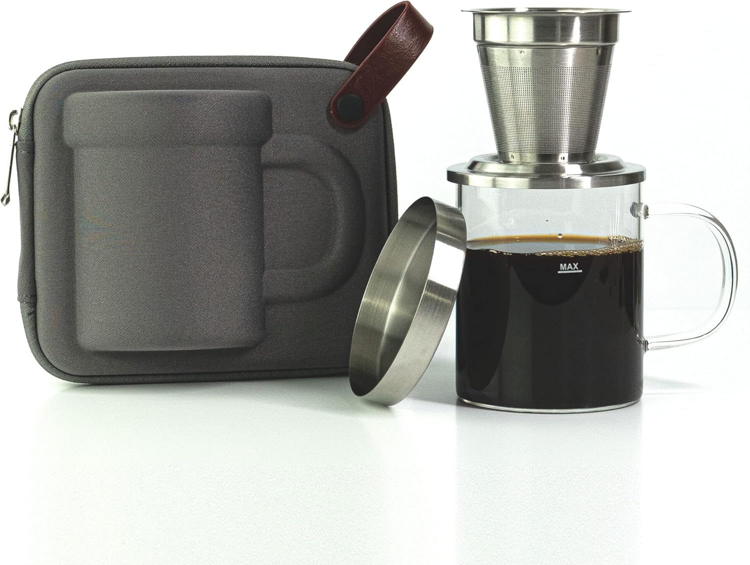 Portable Glass Pour Over Coffee Maker Set | Stainless Steel Filter | BPA-Free Glass Mug | Paperless Dripper