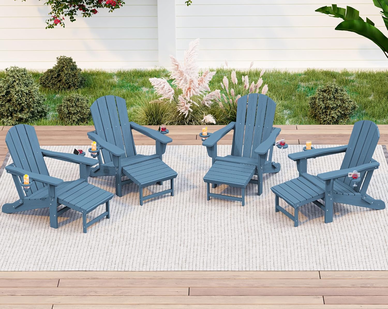 Adjustable Adirondack Chair Set of 4 with Ottoman & Cup Holders