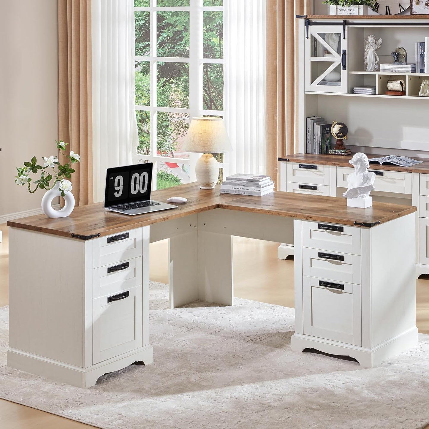 Rustic Farmhouse L Desk with Charging Station
