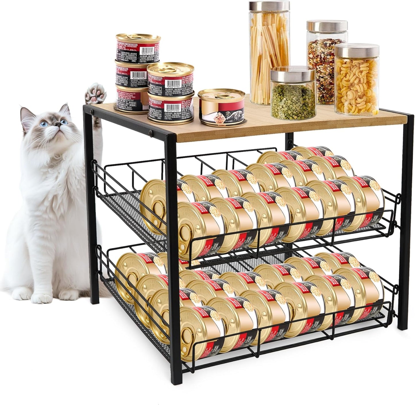 Bamboo & Iron Cat Food Organizer for Efficient Pantry Storage