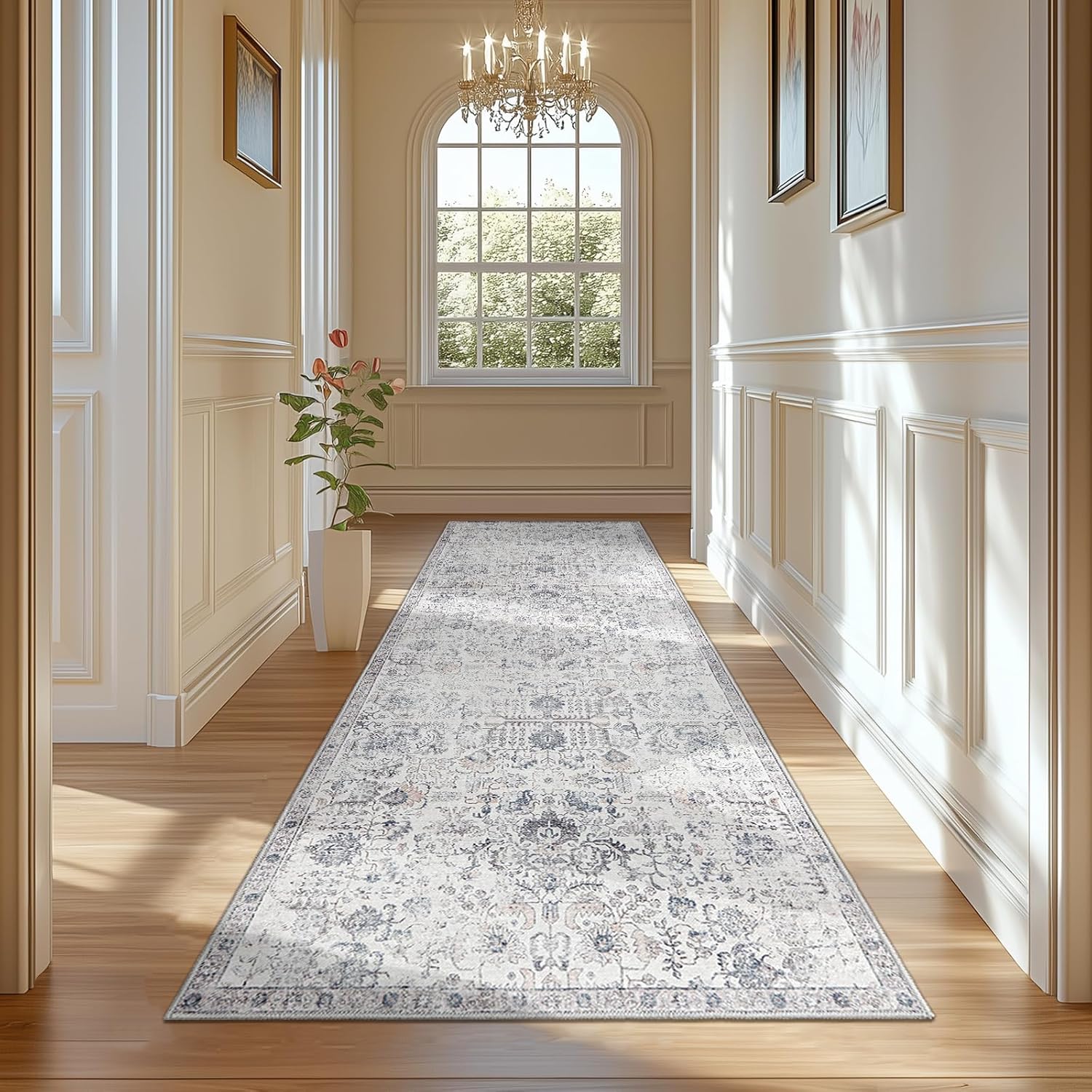 Vintage Floral Runner Rug 3x7 for Indoor Use in Grey